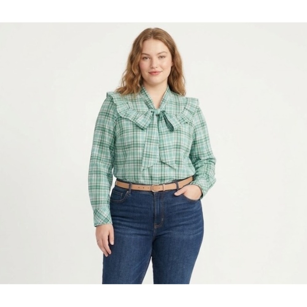 New Charter Club Green Plaid Ruffle Tie Front Cottagecore Blouse XXL